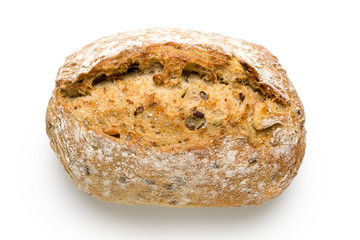 Poster - Whole grain french bread roll isolated on white. Top view.