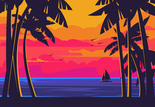 Vector Illustration Of The Landscape Of The Coast By The Sea With Silhouettes Of Palm Trees Against The Sunset, With A Yacht Floating On The Water