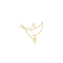 Vector Linear Illustration Dove Holding Olive Branch. Symbol Of Peace On Earth. Golden Color.