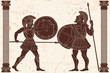 Two ancient warriors Achilles and Hector fight on the battlefield. Fresco on marble with cracks.