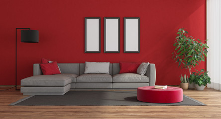 red modern livng room with gray sofa