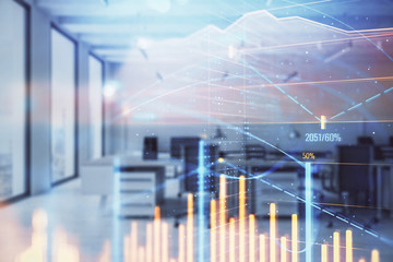 Stock and bond market graph with trading desk bank office interior on background. Multi exposure. Concept of financial analysis