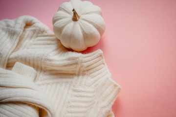 Wall Mural - Fall composition with white sweater and pumpkin