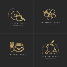 Vector Set Design Golden Templates Logo And Emblems - Organic Herbs And Teas . Different Teas Icon-puer, Hibiscus, Mate And Matcha. Logos In Trendy Linear Style Isolated On White Background.