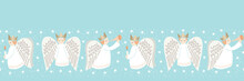 Cute Christmas Scandinavian Style Angels And Stars On Aqua Background Vector Seamless Horizontal Border Pattern
