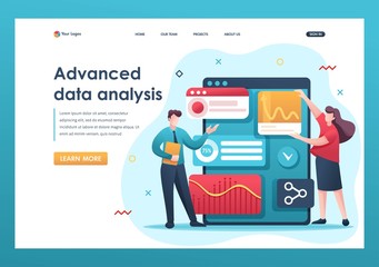 Canvas Print - young entrepreneurs review reports and analyze data. flat 2d character. landing page concepts and we