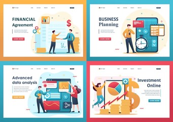 Canvas Print - set flat 2d concepts advanced data analysis, business planning, investment online, financial agreeme