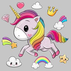 Wall Mural - cartoon unicorn and set of cute design elements
