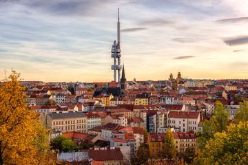 Sunset view of Prague from Vitkov hill with Zizkov television tower (Zizkovsky vysilac), scenic cytiscape, Czech Republic, travel background