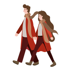 couple walking with autumn suit characters