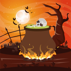 Sticker - halloween dark scene with witch cauldron