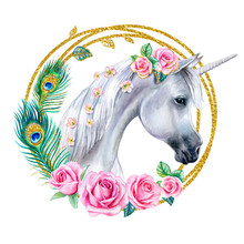 Unicorn In A Golden Circle, Frame With Roses Flowers. Horse In A Wreath, Crown. Peacock Feathers.  Trendy Design. Template. Close-up. Clip Art. Hand Drawn. Template. Hand Painted. Watercolor