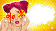 © innakos - Wow female face. Sexy surprised young woman with pink hair. Vector bright background in pop art retro comic style. Beautiful pink lips. Label, label or price tag in hands.