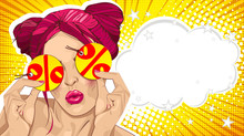 Wow Female Face. Sexy Surprised Young Woman With Pink Hair. Vector Bright Background In Pop Art Retro Comic Style. Beautiful Pink Lips. Label, Label Or Price Tag In Hands. 