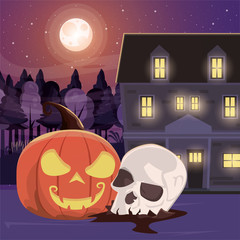 Sticker - halloween dark scene with skull head