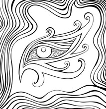 Fantastic Coloring Page With Psychedelic Eye And Waves. Surreal Doodle Pattern Eye. Vector Hand Drawn Black And Whute Illustration. Antistress Decorative Background