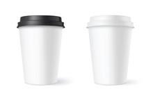 Realistic Set Paper Coffee Cups On White Background. 3D Vector Mockup - Stock Vector.