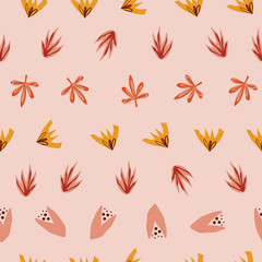 Wall Mural - Abstract stylized leaves seamless vector doodle background red orange yellow pink. Flowers and leaves repeating pattern in fall colors. Use for surface pattern design, fabric, Thanksgiving, home decor