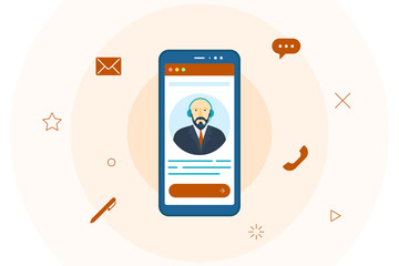 Customer support help operator male avatar on smartphone screen. Online technical mobile consultant service 24-7 concept. Virtual assistance helpline modern communication vector illustration