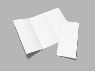 Blank  flyer tri fold mockup. Realistic Flyer, booklet  mock up on gray background.  Vector illustration.