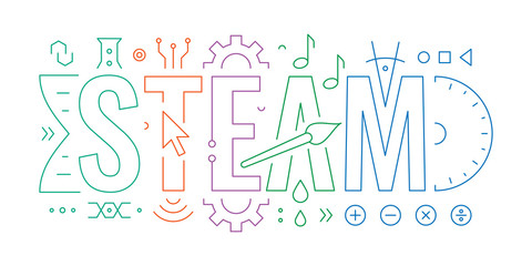Wall Mural - steam word. technical drawing steam concept. steam word and steam symbols. science, technology, engineering, art, mathematic