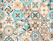 Talavera Pattern. Indian Patchwork, Turkish Ornament. Moroccan Mosaic. Ceramic Dishes, Folk Print. Spanish Pottery. Antique Moroccan, Portuguese Hexagonal Tiles. Mediterranean Seamless Vector.