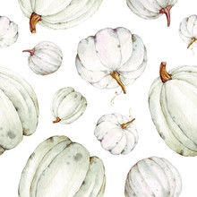 Beautiful Seamless Pumpkins Pattern On Isolated White Background. Watercolor Illustration. Hand Drawing. It Is Perfect For Thanksgiving Cards Or Posters, Halloween 