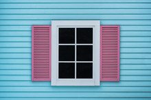 Blue Wooden Walls And Pink Windows, Rough Surfaces And Colorful Color, The Outside Of The House Is A Modern Style