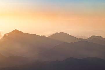 View from the mountain of Moses, a beautiful sunrise in the mountains of Egypt