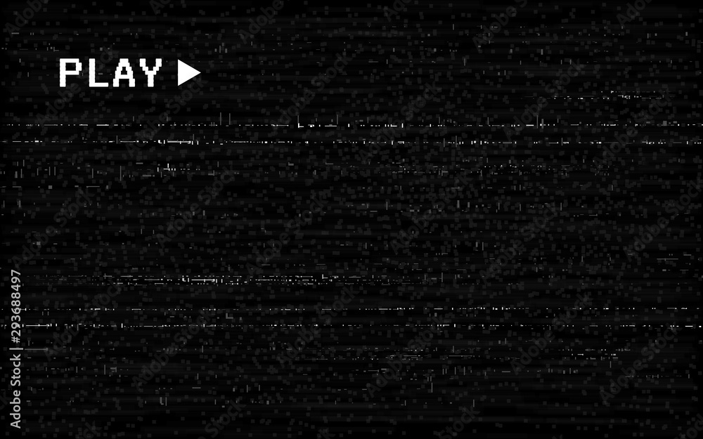 Glitch VHS effect. Old camera template. White horizontal lines on black background. Video rewind texture. No signal concept. Random abstract distortions. Vector illustration - obrazy, fototapety, plakaty 