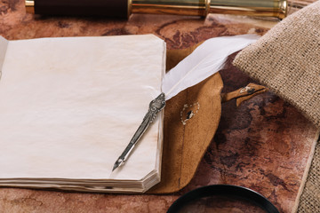 Sticker - open copy book with blank pages in leather cover and nib on old world map