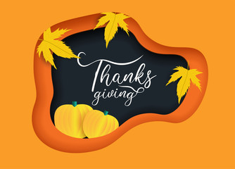 Wall Mural - Paper cut style poster or greeting card design decorated with maple leaves, pumpkin for Happy Thanksgiving celebration.
