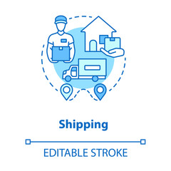 Wall Mural - Shipping blue concept icon. Logistics and distribution idea thin line illustration. Transportation service. Courier delivering parcel to home. Vector isolated outline drawing. Editable stroke