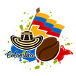 Flag of Colombia, coffee bean and sombrero vueltiao. Representative image of colombia - Vector