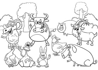 Sticker - black and white cartoon farm animal characters group