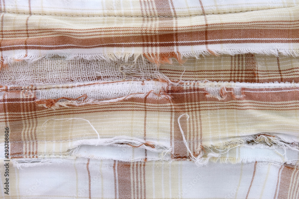 Shirt collar in shabby and tattered condition with torn garment fabric ...
