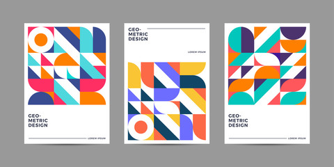 Placard templates set with Geometric shapes, Retro geometric style flat and line design elements. Retro art for covers, banners, flyers and posters. Eps10 vector illustrations