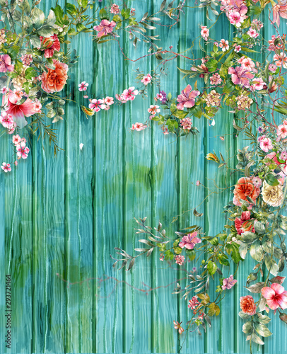 Dekoracja na wymiar  akwarela-ilustracja-malowanie-lisci-i-kwiatow-z-malowanym-tlem-drewna