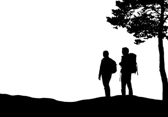 Wall Mural - realistic illustration with silhouettes of two tourists with backpacks, man and woman. it stands in 