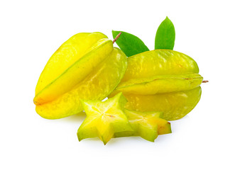 Wall Mural - star fruit with leaf on white background