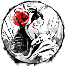 Japanese Geisha Girl Painted In Oriental Ink Style. 2D Illustration.