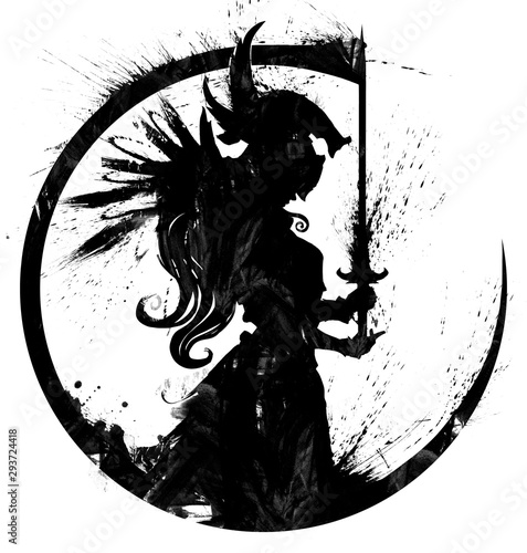 Fotografía A blotted silhouette of a praying Valkyrie with a sword in her hands