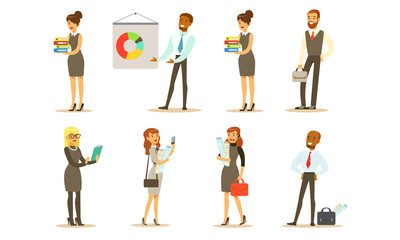 Sticker - Business People Working in Office Set, Male and Female Managers or Employees Characters at Work Vector Illustration