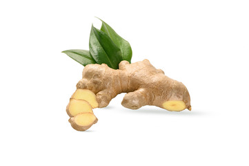 F resh ginger  with leaves on white background