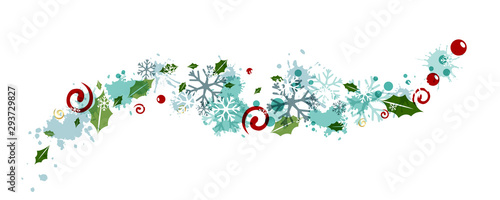 Cuadros en Lienzo Christmas decoration from flying snowflakes, holly berries and leaves, splash elements and swirls