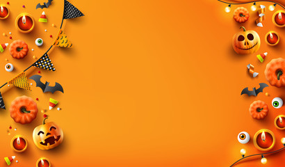 Wall Mural - Halloween  background with candle light, pumpkin and Halloween Elements on orange color background.Website spooky,Background or banner Halloween template.Vector illustration eps 10