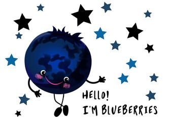 Wall Mural - Hi, I'm blueberry. Greeting card with berries for children. Cartoon kawaii character