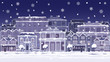 A Christmas night street scene with victorian and georgian style houses, shops and other buildings in the snow. Seamlessly tilable so you van make longer images.