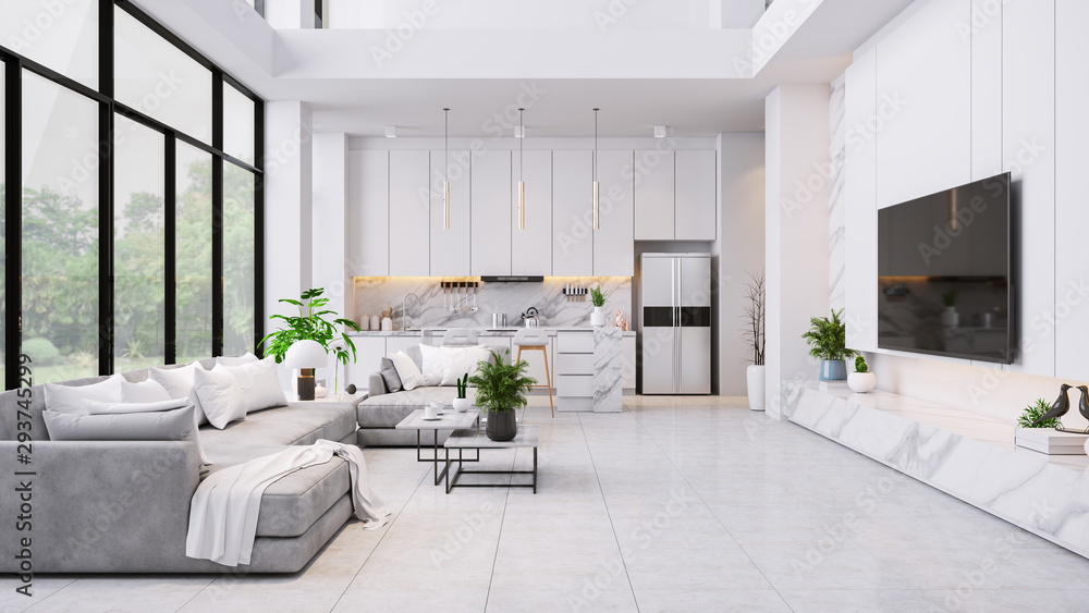 Modren living room and kitchen room interior ,luxury home,villa ,3d render Stock Illustration