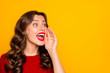 Close up copyspace photo of wavy curly crazy cheerful girlfriend trying to whisper something but screaming isolated with vibrant color background